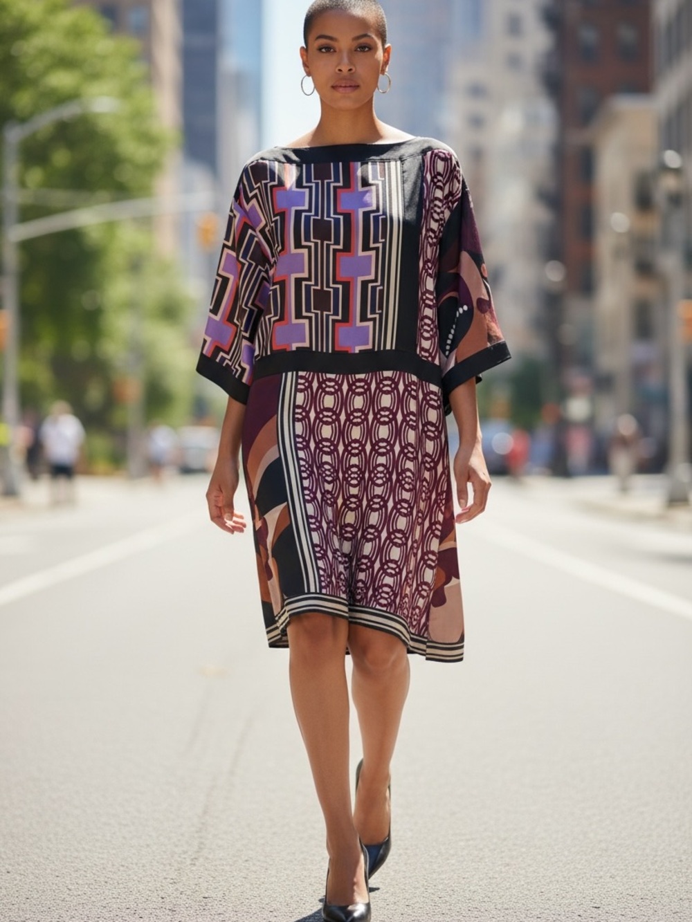Trina Turk Geometric mixed print shift Dress in purple, Black, Pink Sz 10